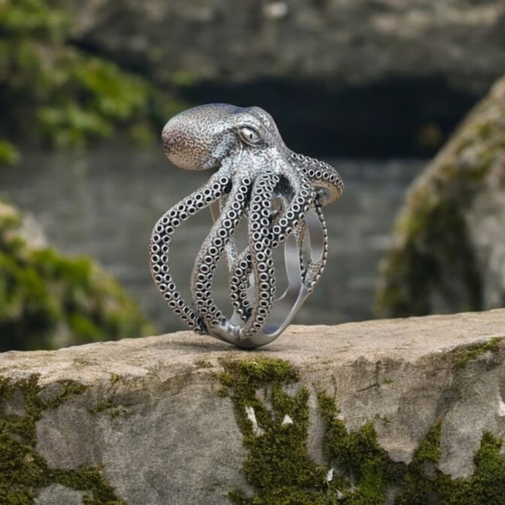 Silver Tone Octopus Ring Statement Jewelry Women's Nautical Size 7
